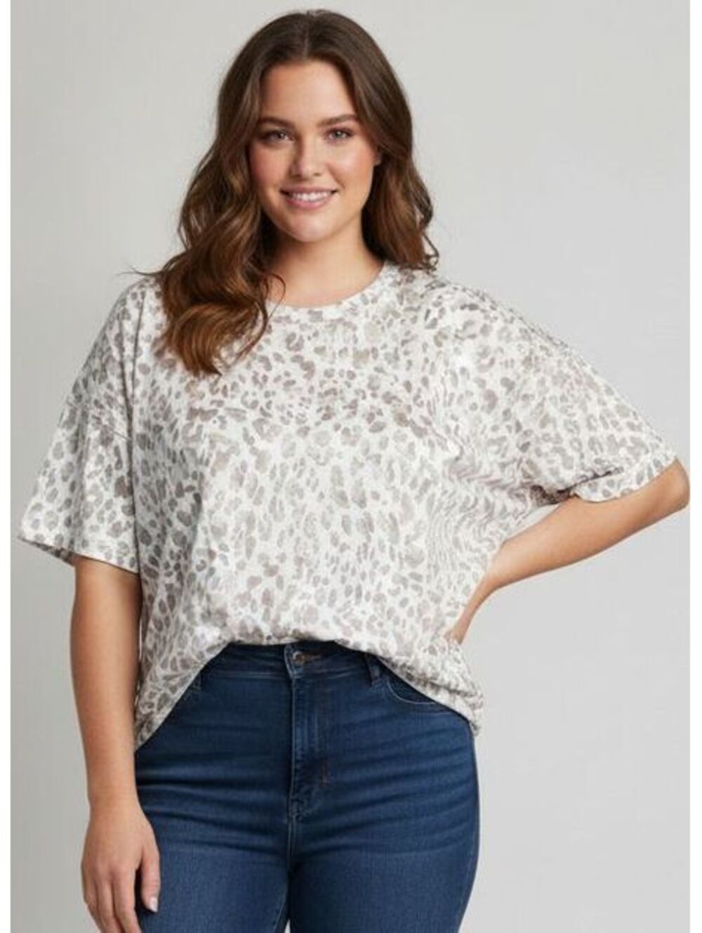 C&A Cream Animal Print Short Sleeve Top XXL Relaxed Fit Neutral Casual